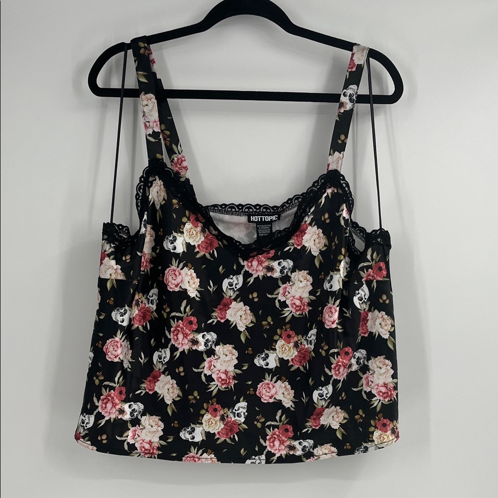 Hot Topic Black and Pink Floral Skull Tank Top Lace Trim Size 2 Plus